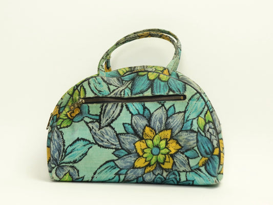 Aqua Blue Floral Mod canvas Makeup Case/Purse, 1960s Vintage