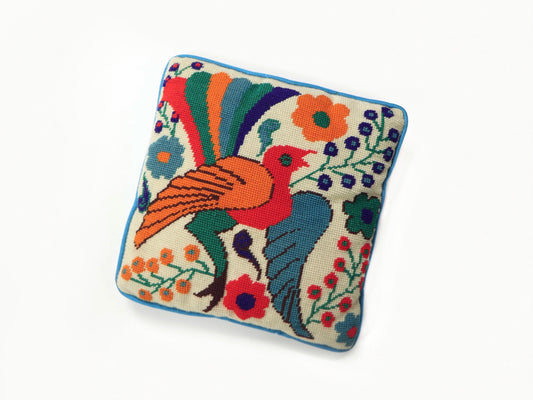 Colorful cross-stitch bird pillow, 1970s vintage