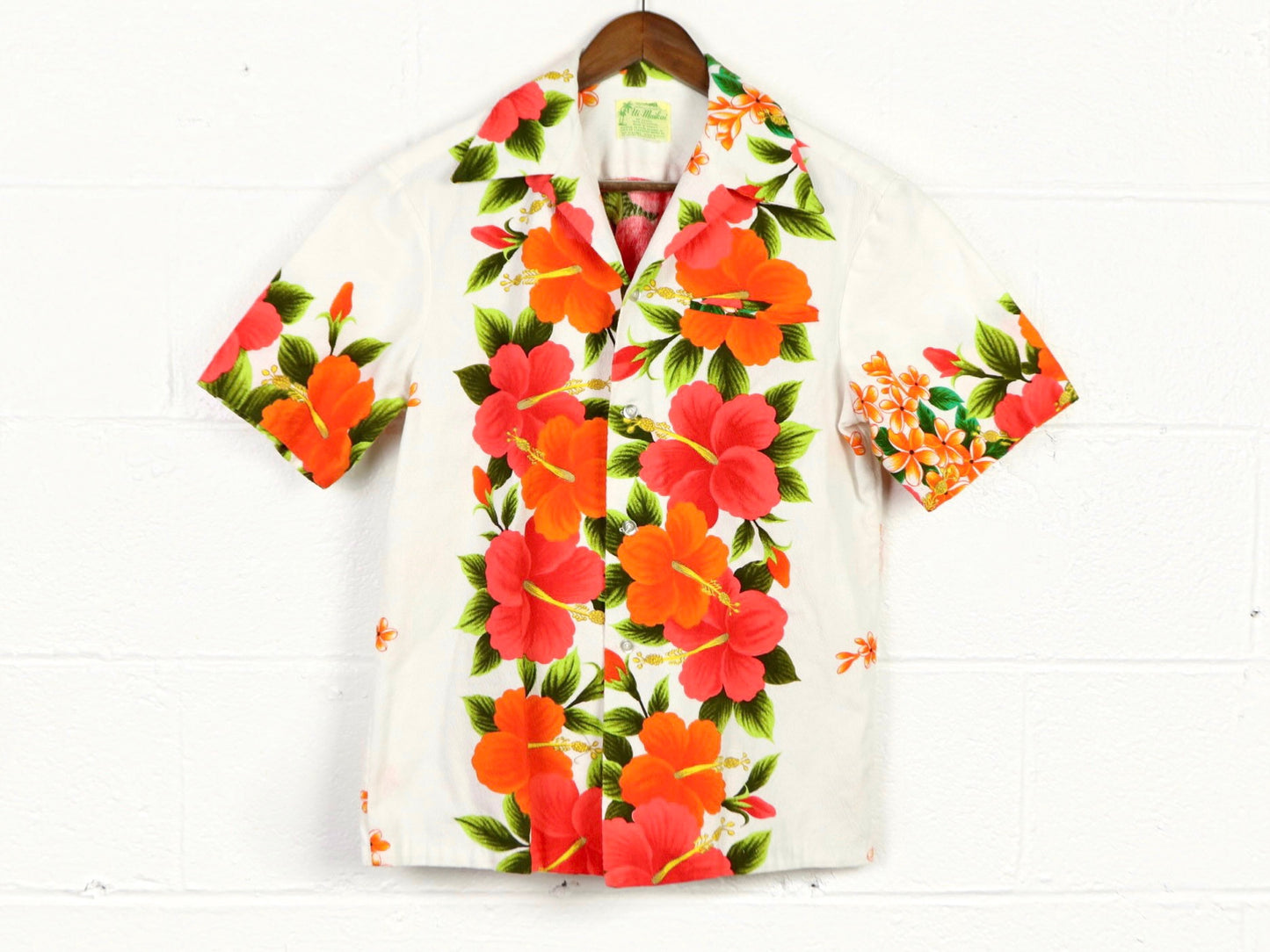 Orange Floral Hawaiian Button Down Shirt, Ui Maikai, 1960s Vintage