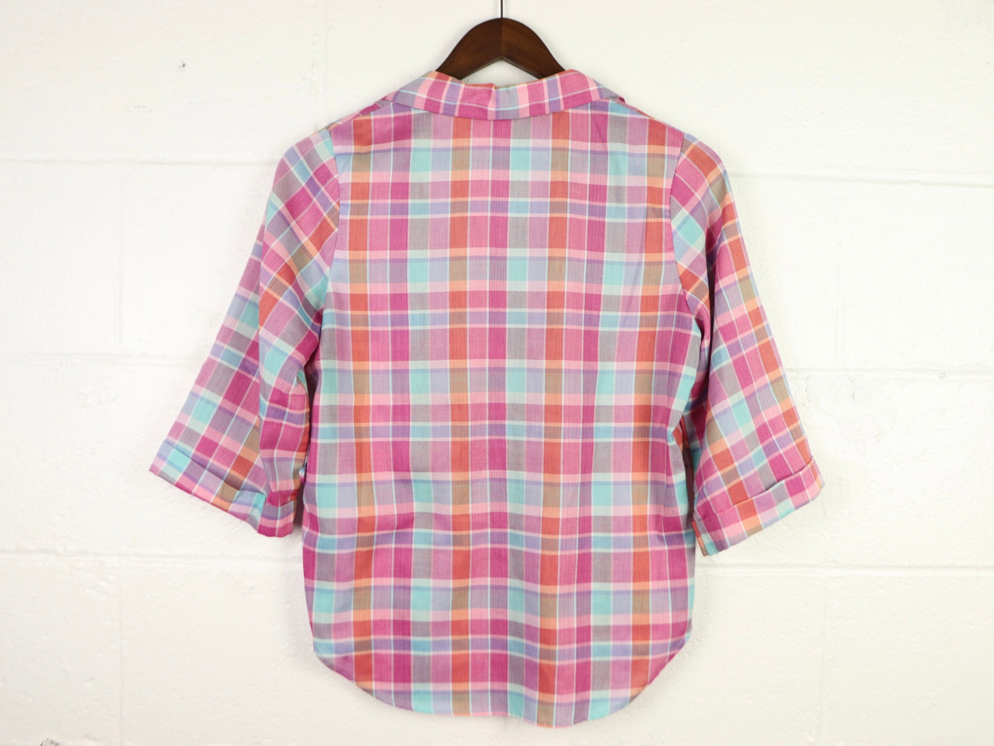 Pink plaid top, 14th place California, 1970s vintage