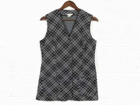 Black Plaid Vest Top, Queen Casuals, 1970s Vintage