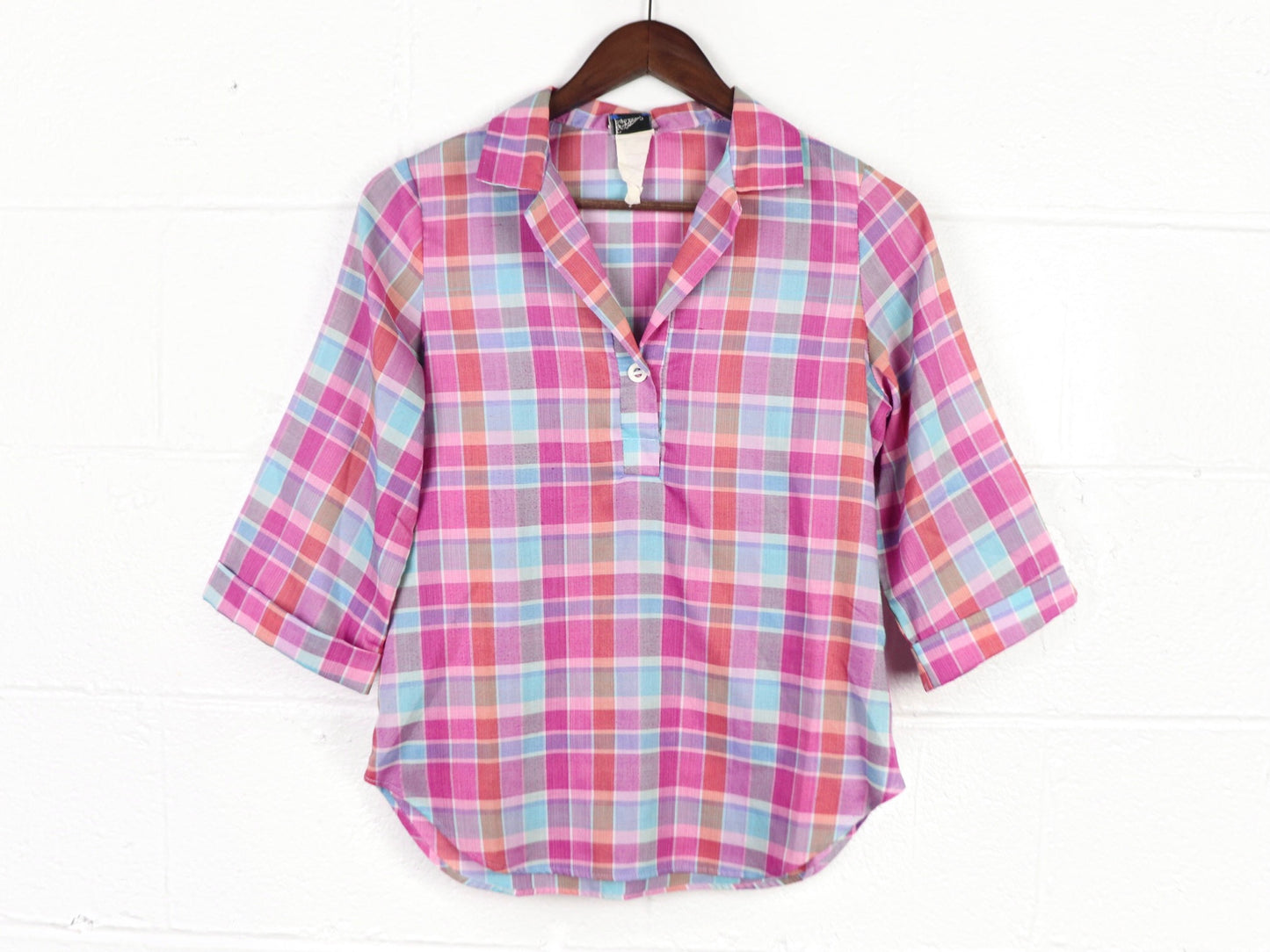 Pink plaid top, 14th place California, 1970s vintage