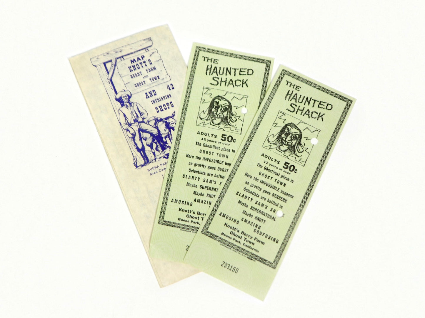 Knotts Berry Farm Map, and Haunted Shack Tickets, 1960s vintage