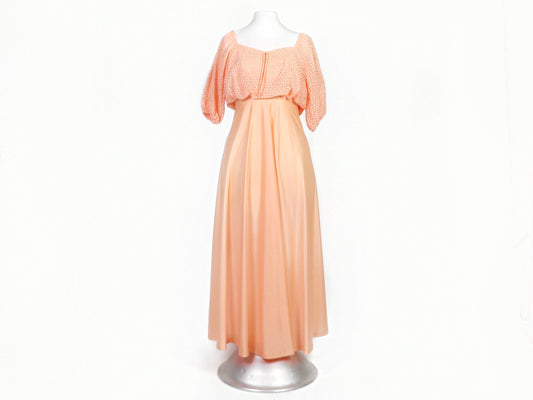 Puff Sleeve Peach Dress, 1970s Vintage